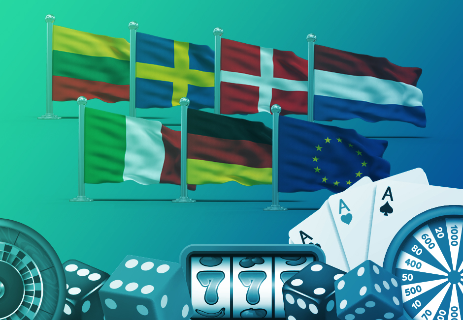 Flags of Lithuania, Sweden, Denmark, Luxembourg, Italy, Germany, and the European Union with Gambling Images Including Dice, Cards, a Slot Machine and a Roulette Wheel