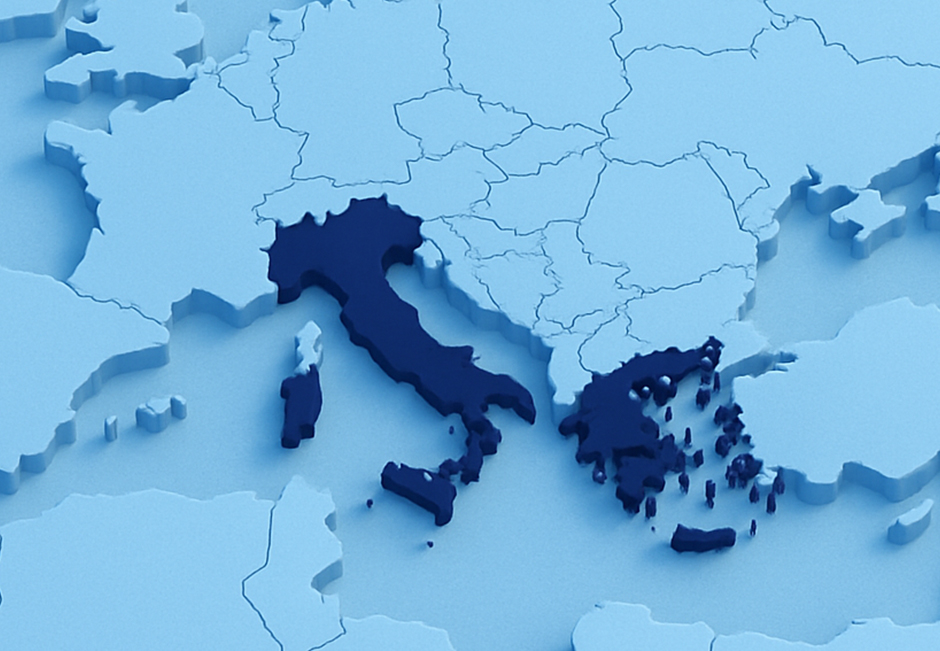A Map of Europe with Italy and Greece Highlighted