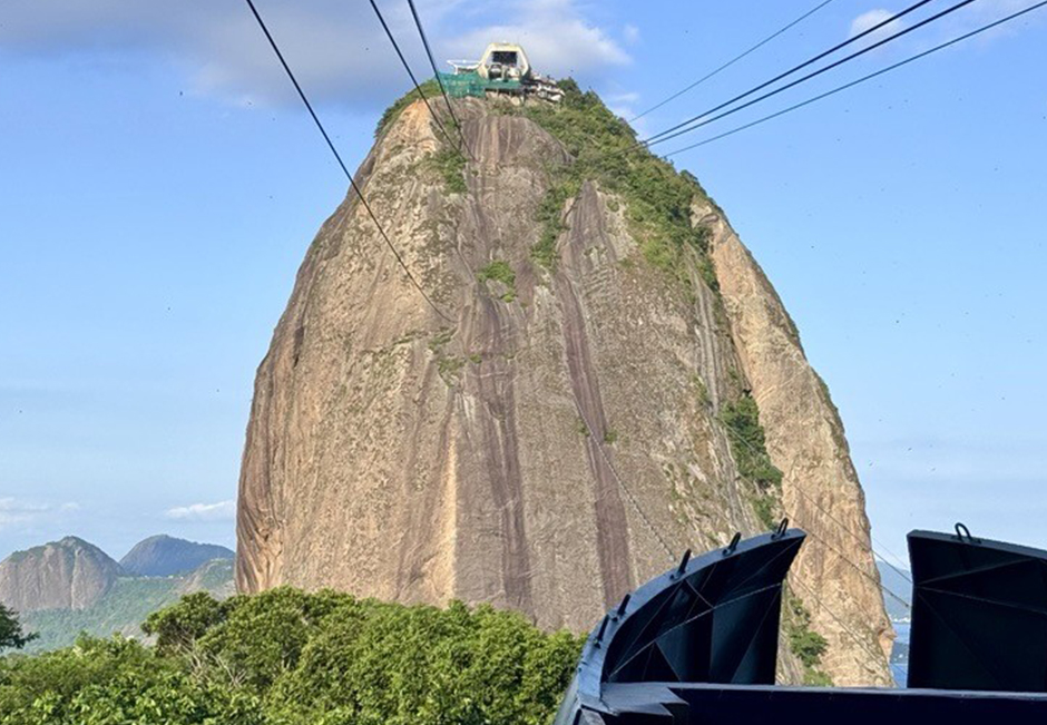 View of Sugarloaf Mountain in Rio de Janeiro with cable car wires
