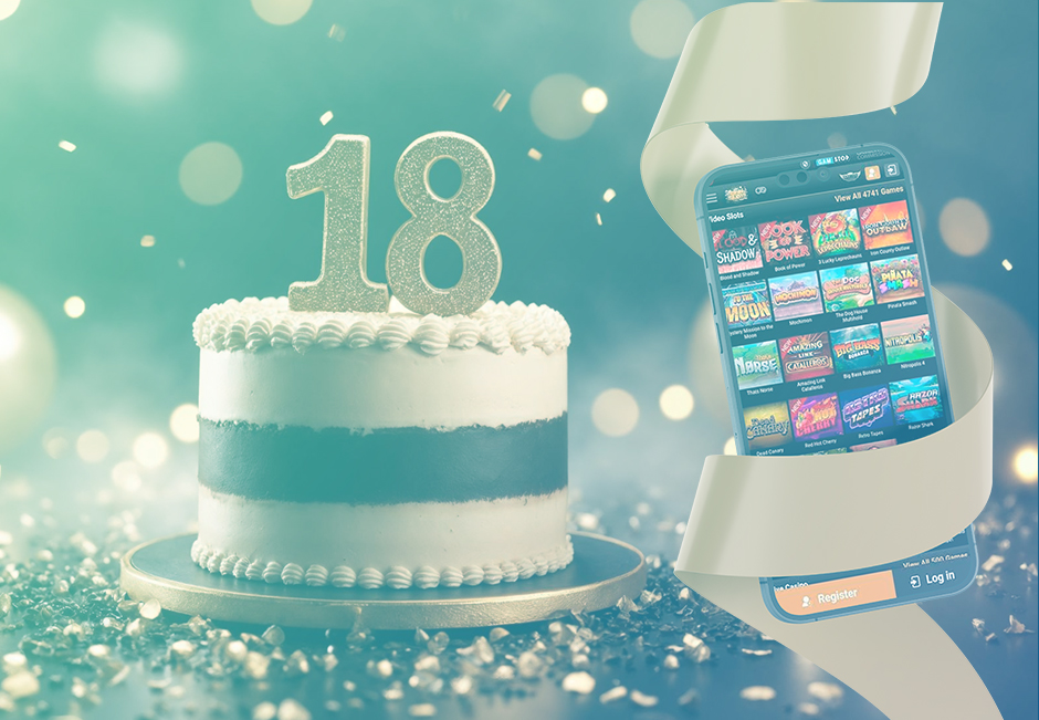 Birthday Cake with 18 Candle Beside a Casino Site on a Phone