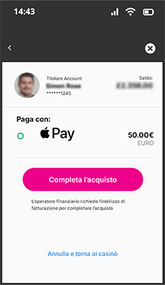 Schermata di conferma Apple Pay con Face ID su 888casino