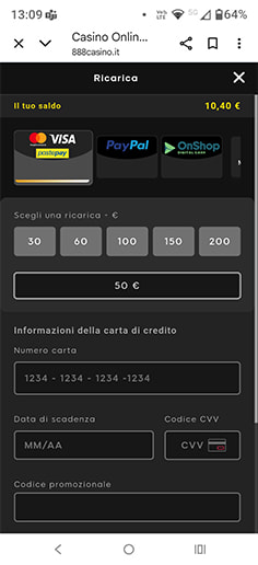 Inserimento importo deposito su 888casino