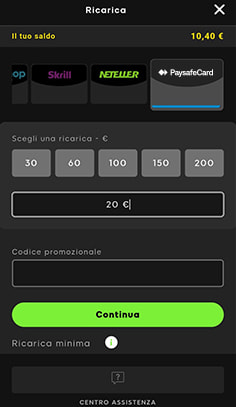 Inserimento importo paysafecard su 888casino