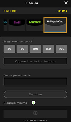 La cassa del casinò 888casino con selezione importo deposito