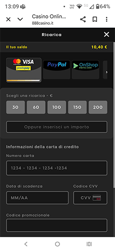 La cassa del casinò 888casino con selezione Postepay