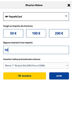 La cassa del casinò AdmiralBet con selezione importo deposito