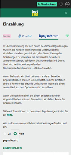 Schritt 1 zur Einzahlung mit PaysafeCard im bet365 Casino: PaysafeCard auswählen.