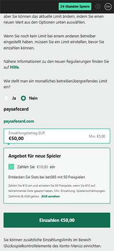 Schritt 2 zur Einzahlung mit PaysafeCard im bet365 Casino: Betrag eingeben.