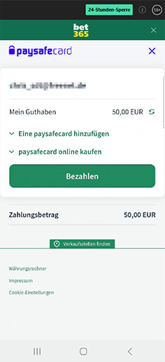Schritt 3 zur Einzahlung mit PaysafeCard im bet365 Casino: Zahlung bestätigen.