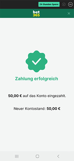 Schritt 4 zur Einzahlung mit PaysafeCard im bet365 Casino: Betrag wird gutgeschrieben.