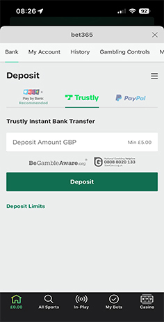 bet365 Casino Cashier with Payment Methods Including Trustly