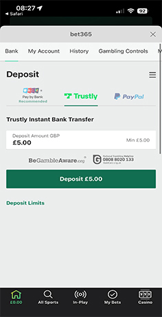 bet365 Casino Cashier with Select Deposit Amount