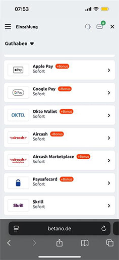 Schritt 1 zur Einzahlung mit PaysafeCard im Betano Casino: PaysafeCard auswählen.