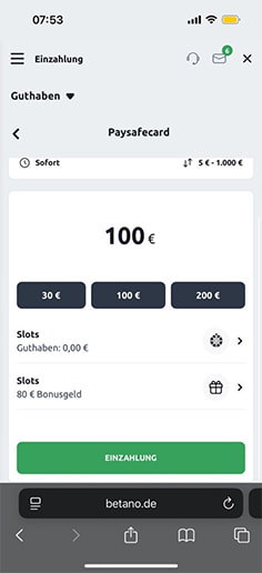 Schritt 2 zur Einzahlung mit PaysafeCard im Betano Casino: Betrag eingeben.