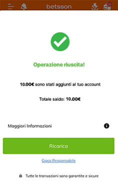 Conferma deposito con paysafecard su Betsson
