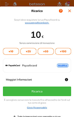 Inserimento importo ricarica con paysafecard su Betsson