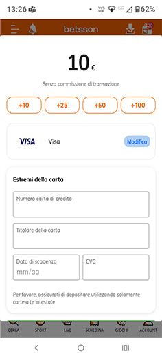 Inserimento importo deposito su Betsson