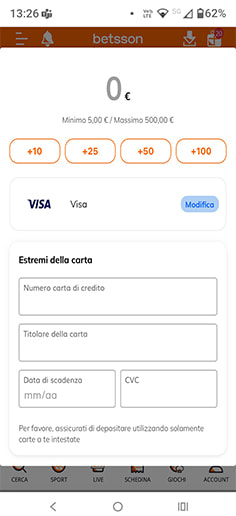 La cassa del casinò Betsson con selezione di Postepay