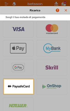 La cassa del casinò Betsson con selezione paysafecard