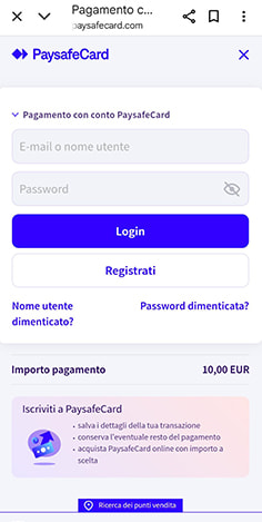 Il reindirizzamento a paysafecard per il deposito su bwin