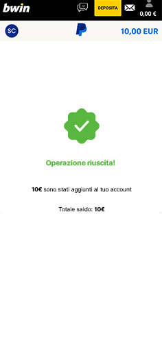 La conferma dell'accredito del deposito con PayPal