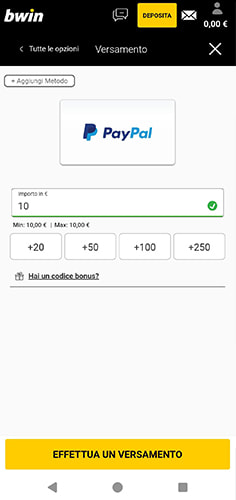 Il deposito con PayPal su bwin e l'importo