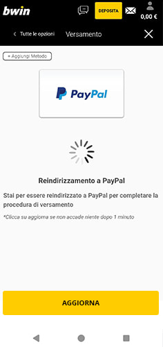 Il reindirizzamento a PayPal per il deposito su bwin