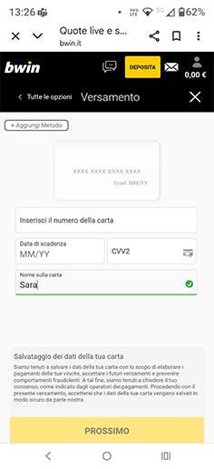 Inserimento dati deposito su bwin