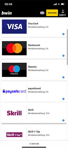 Schritt 1 zur Einzahlung mit PaysafeCard im bwin Slots Casino: PaysafeCard auswählen.