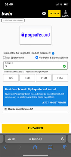 Schritt 2 zur Einzahlung mit PaysafeCard im bwin Slots Casino: Betrag eingeben.