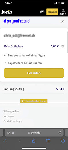 Schritt 3 zur Einzahlung mit PaysafeCard im bwin Slots Casino: Zahlung bestätigen.