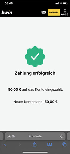 Schritt 4 zur Einzahlung mit PaysafeCard im bwin Slots Casino: Betrag wird gutgeschrieben.