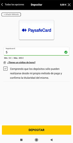 Selección del importe del depósito con PaysafeCard en bwin