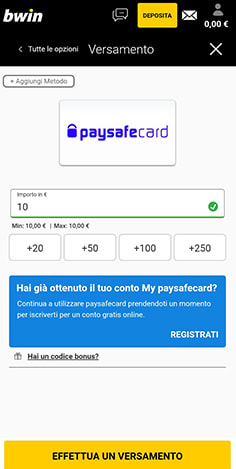 Il deposito con paysafecard su bwin e l'importo