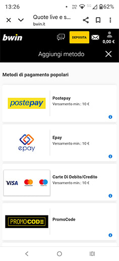 La cassa del casinò bwin con selezione di Postepay