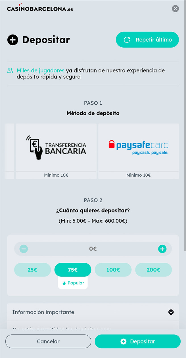 Cajero de Casino Barcelona con PaysafeCard entre los métodos de depósito