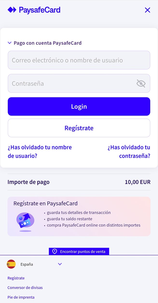 Inicio de sesión en la cuenta PaysafeCard para pagar en Casino Barcelona