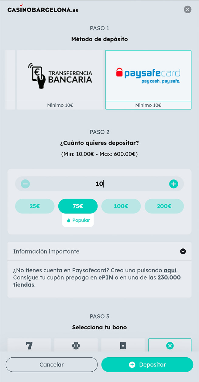 Selección del importe del depósito con PaysafeCard en Casino Barcelona