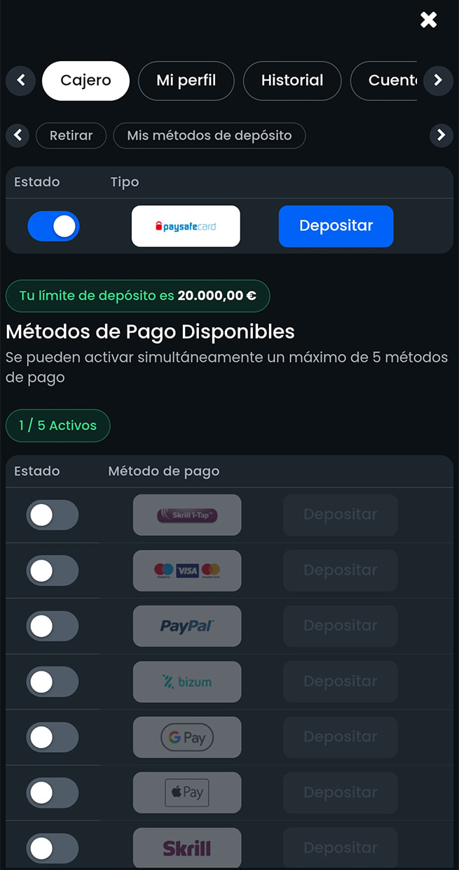 Cajero de Casino777 con PaysafeCard entre los métodos de depósito
