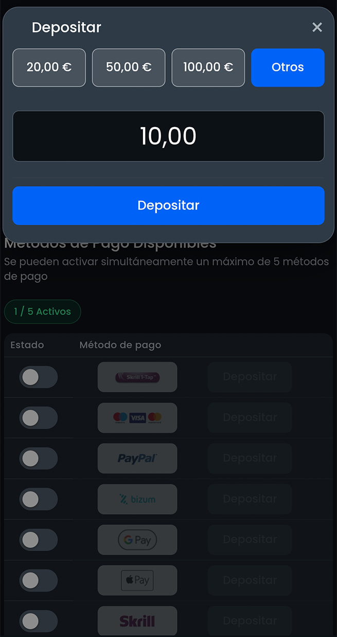 Selección del importe del depósito con PaysafeCard en Casino777