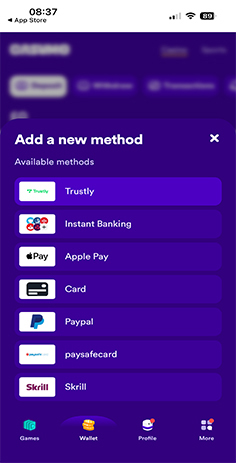 Casumo Casino Cashier with Payment Methods Including Trustly