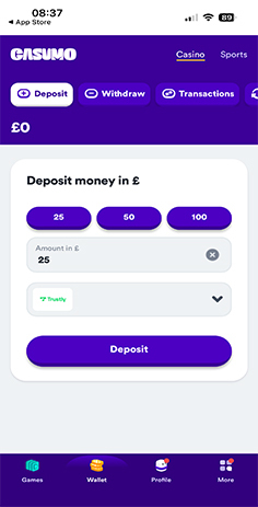 Casumo Casino Cashier with Select Deposit Amount