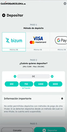 Selección de Bizum como forma de pago en Casino Barcelona