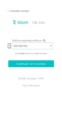 Introducción del número de teléfono asociado con Bizum para depositar en Casino Barcelona