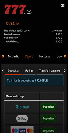 Cajero con los métodos de pago en Casino777