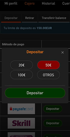 Introducción del importe del depósito con Bizum en Casino777