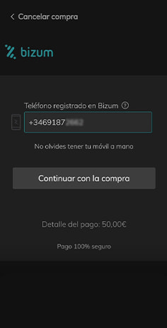 Introducción del número de teléfono asociado con Bizum en Casino777