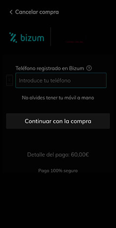 Introducción del número del móvil asociado con Bizum en Gran Madrid Casino Online