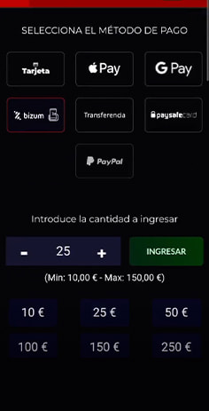 Selección de Bizum como forma de pago en OlyBet