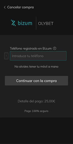 Introducción del número de teléfono asociado con Bizum en OlyBet